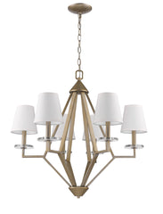 Gold Candle Style Six Light Metal and Crystals Dimmable Chandelier With White Shades