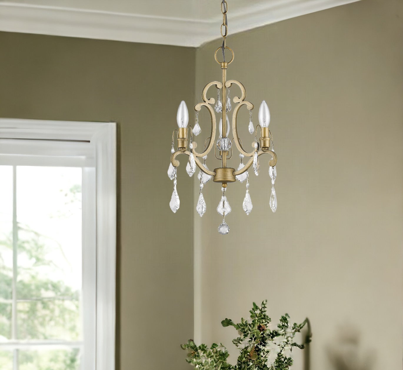 Gold Candle Style Three Light Crystal Metal Dimmable Chandelier