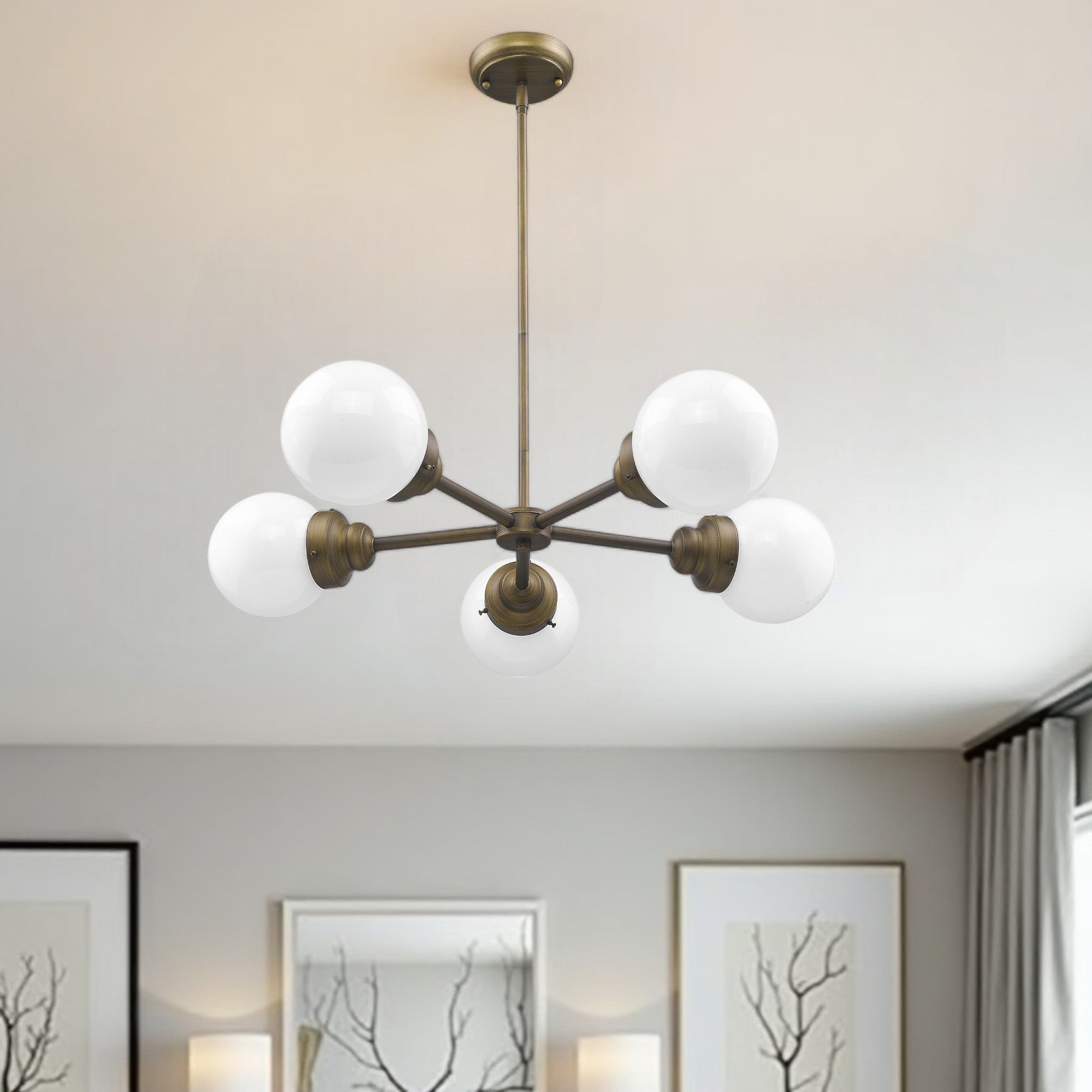 Bronze Five Light Metal Dimmable Chandelier With White Shades