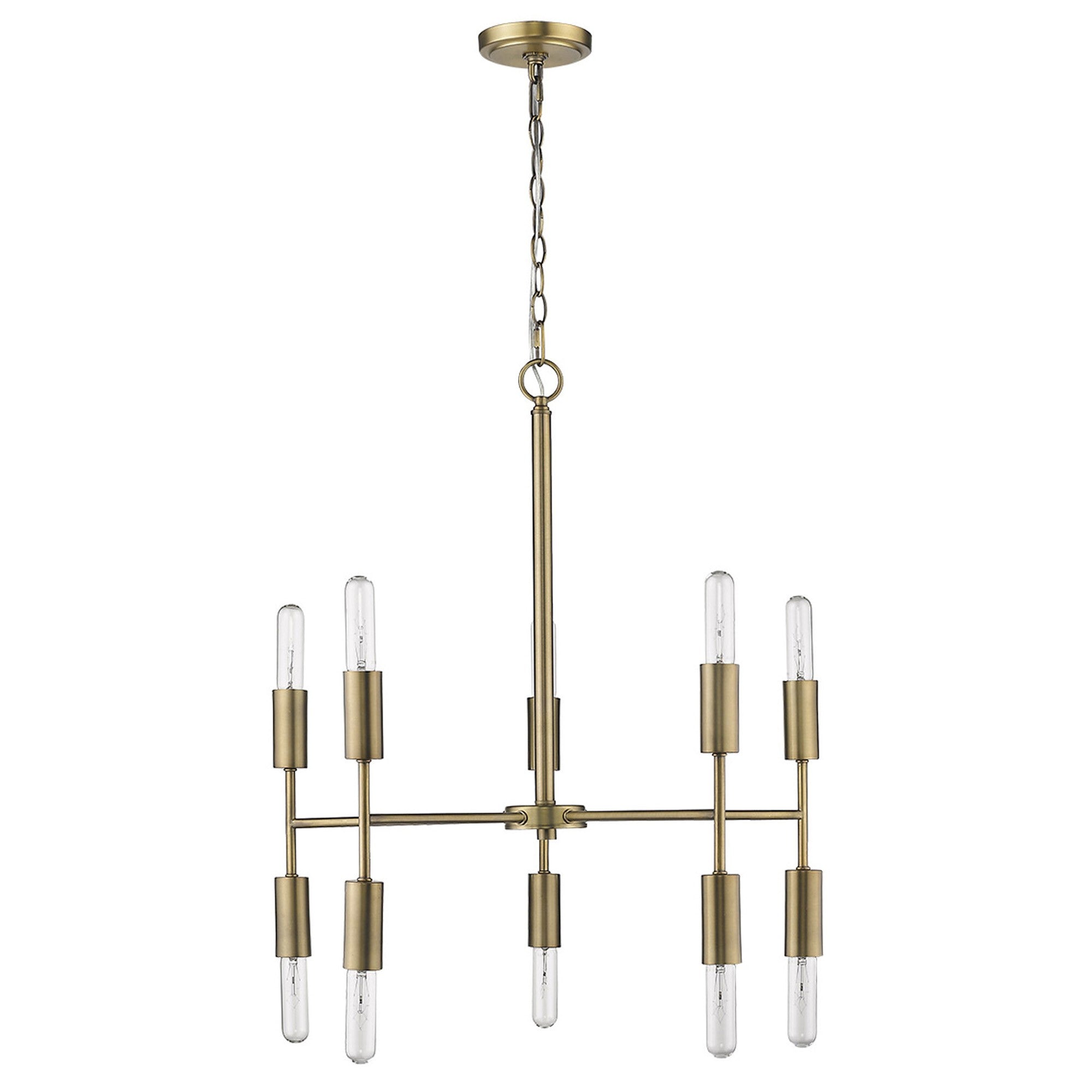 Brass Candle Style Ten Light Metal Dimmable Chandelier