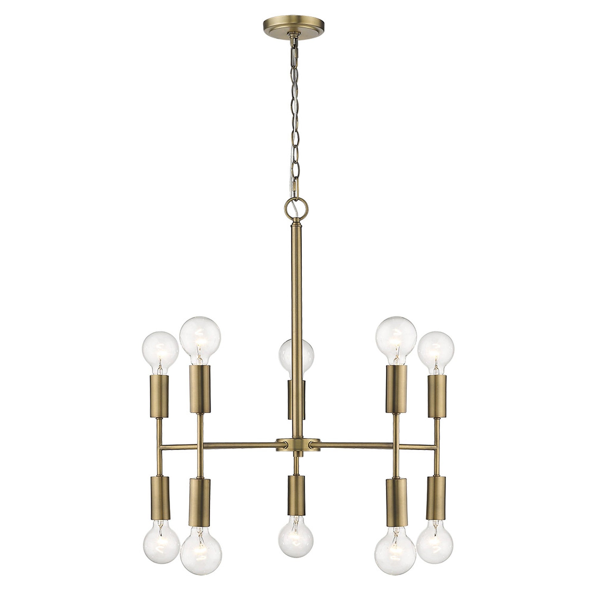 Brass Candle Style Ten Light Metal Dimmable Chandelier