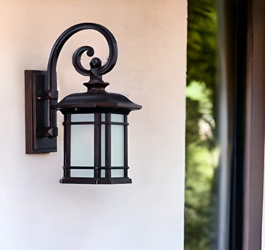 Antique Bronze Frosted Linen Glass Lantern Wall Light - Homeroots