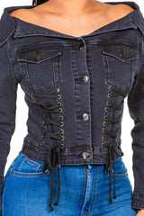 American Bazi Off Shoulder Lace Up Denim Jacket - Trendsi