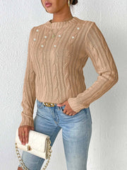 Cable-Knit Round Neck Long Sleeve Sweater - Trendsi