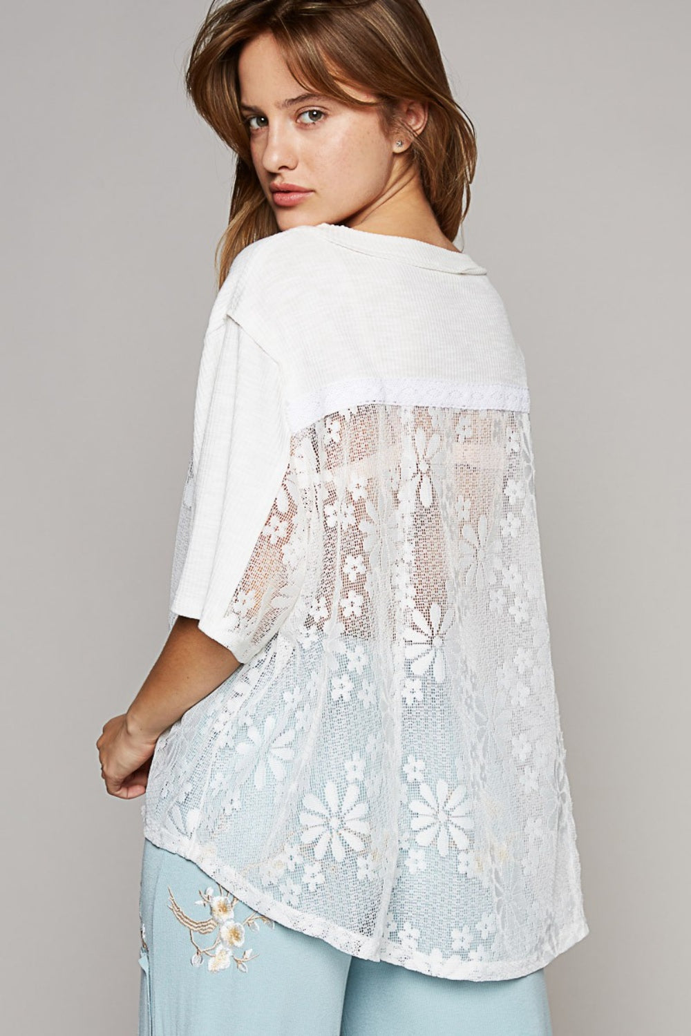 POL Round Neck Short Sleeve Lace Top - Flyclothing LLC