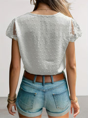 Swiss Dot Lace Detail V-Neck Cap Sleeve Blouse Trendsi