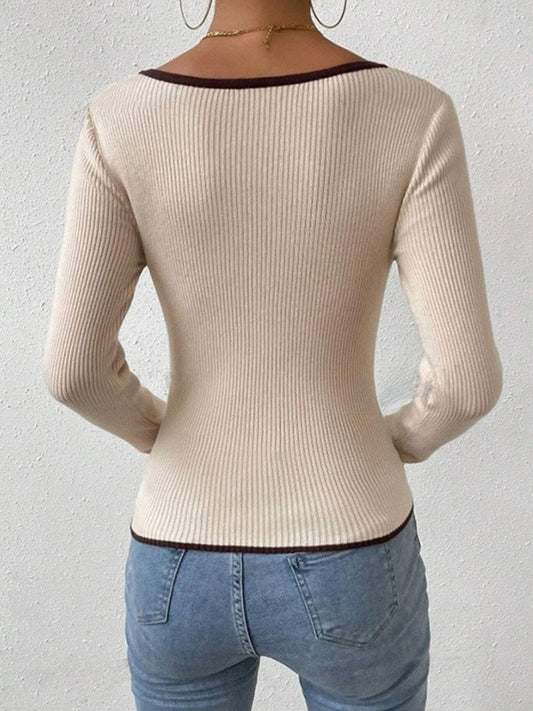 Contrast Trim Long Sleeve Knit Top - Trendsi