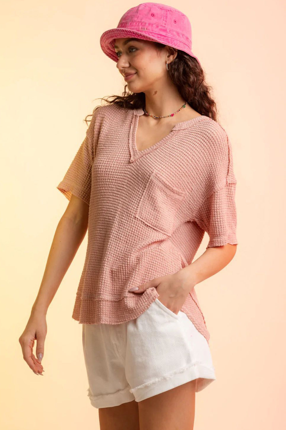 Waffle-Knit Notched Half Sleeve T-Shirt Trendsi