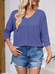 Textured Round Neck Three-Quarter Sleeve Blouse Trendsi