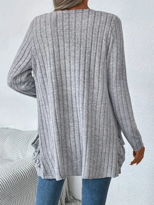 Ribbed Open Front Long Sleeve Cardigan with Pockets - Trendsi