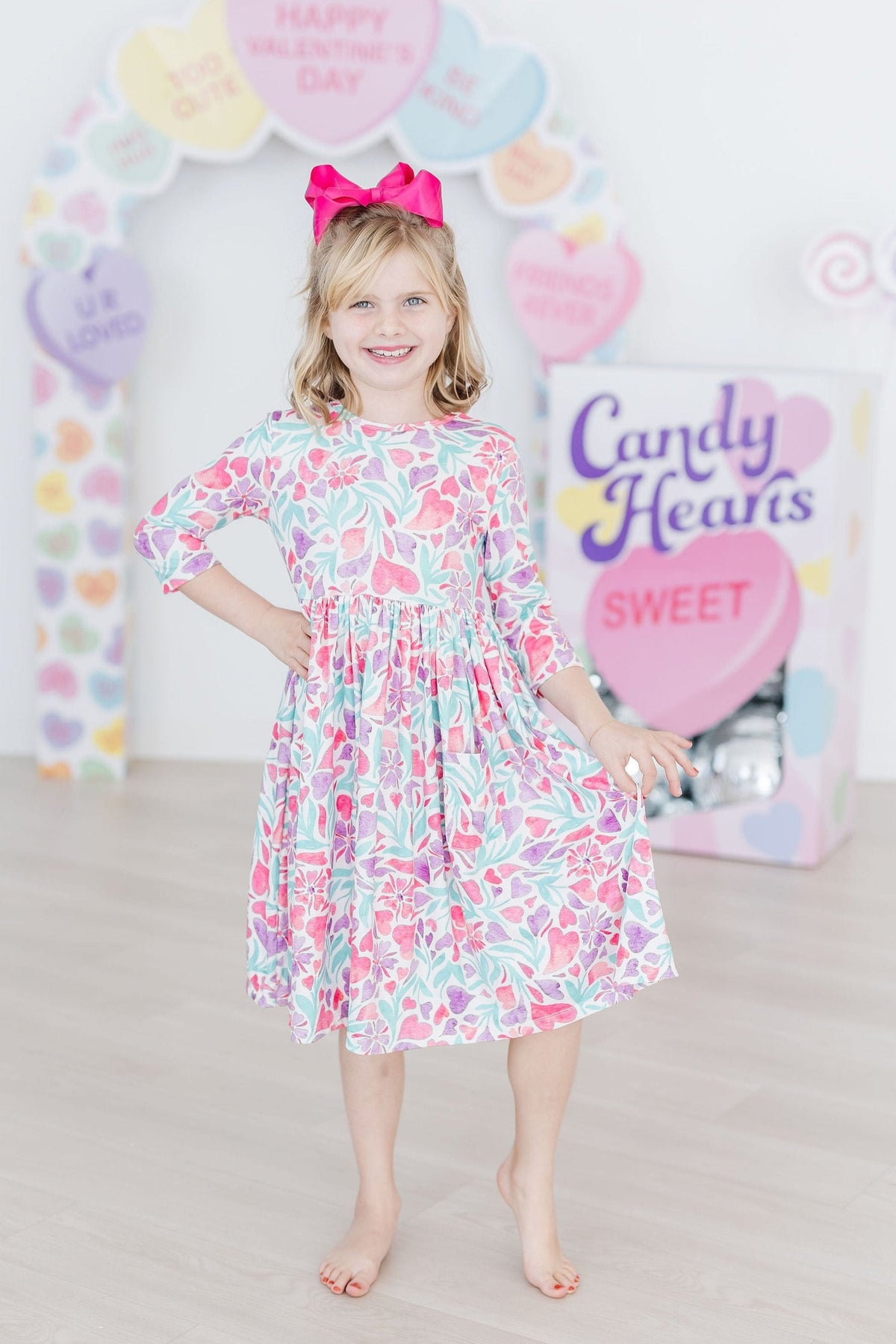 Watercolor Hearts 3/4 Sleeve Pocket Twirl Dress