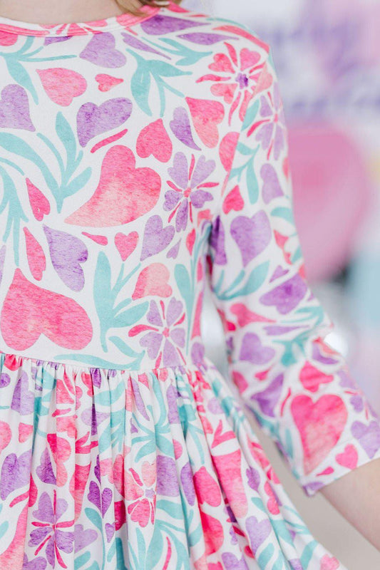 Watercolor Hearts 3/4 Sleeve Pocket Twirl Dress