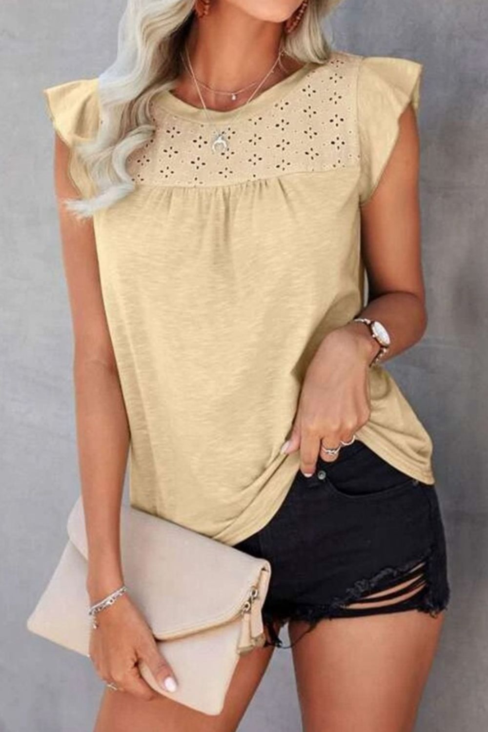 Ruffled Round Neck Cap Sleeve T-Shirt - Flyclothing LLC