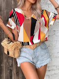 Printed V-Neck Short Sleeve Blouse - Flyclothing LLC