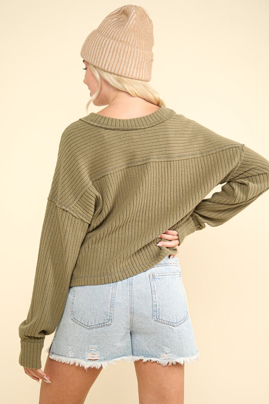 VERY J Exposed Seam V-Neck Ribbed Knit Top