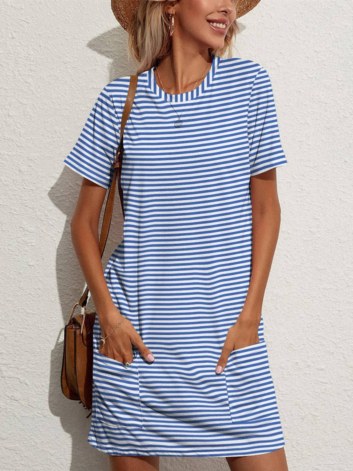 Pocketed Striped Round Neck Short Sleeve Dress - Flyclothing LLC