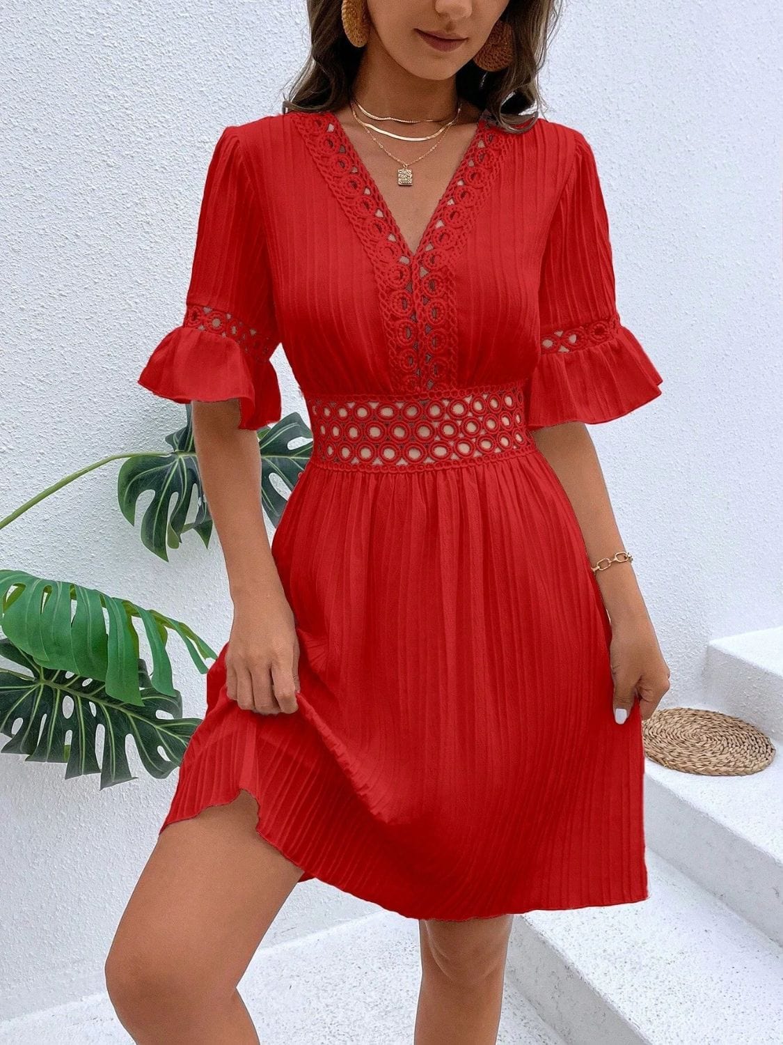 Cutout V-Neck Flounce Sleeve Mini Dress - Trendsi