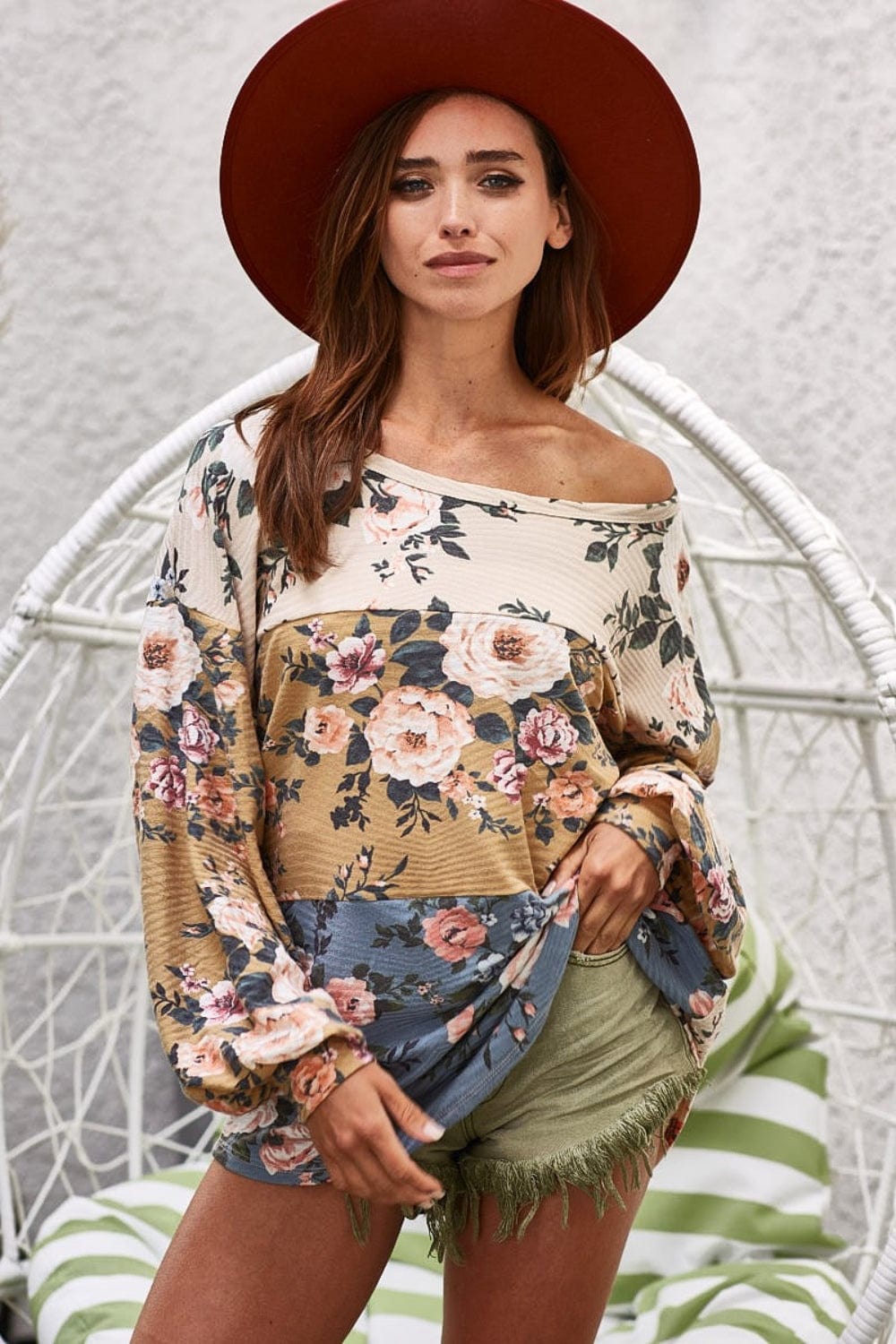 BiBi Floral Jacquard Color Block Top - Trendsi