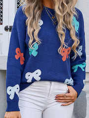 Bow Graphic Round Neck Long Sleeve Sweater - Trendsi