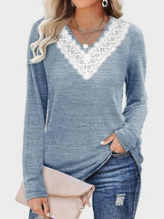 Lace Detail V-Neck Long Sleeve T-Shirt - Trendsi