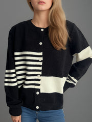 Striped Color Block Round Neck Cardigan