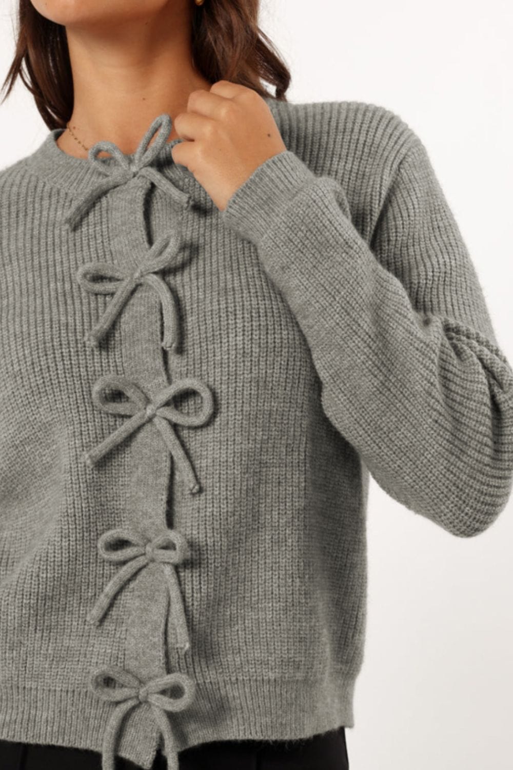 Bow Round Neck Long Sleeve Cardigan - Trendsi