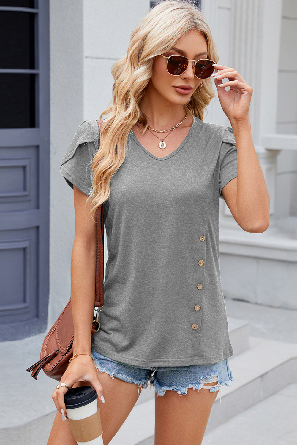 V-Neck Petal Sleeve T-Shirt - Flyclothing LLC