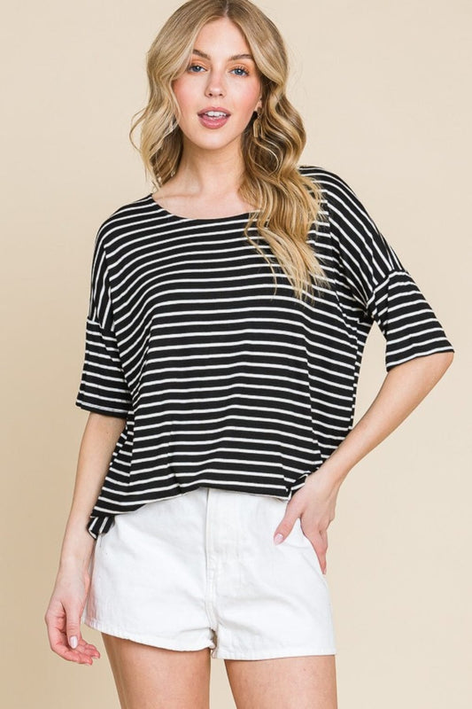 BOMBOM Striped Round Neck T-Shirt - Trendsi