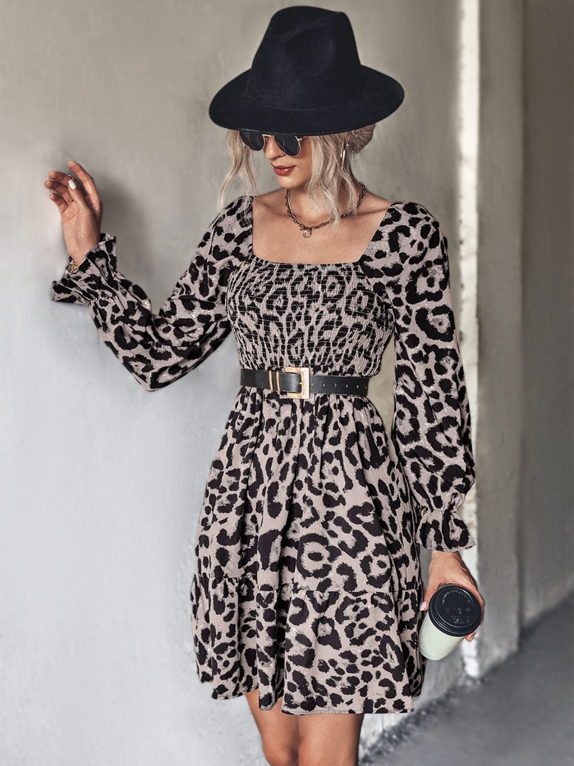 Leopard Smocked Flounce Sleeve Mini Dress - Trendsi