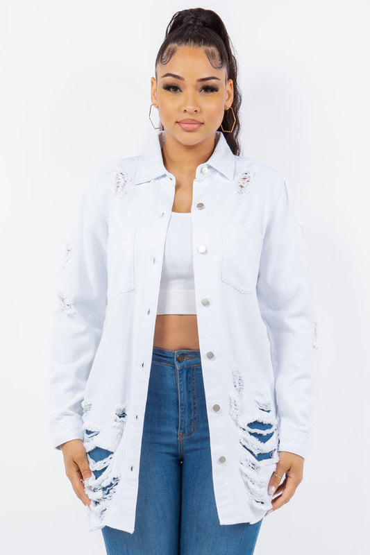 American Bazi Distressed Button Up Long Sleeve Denim Jacket - Trendsi