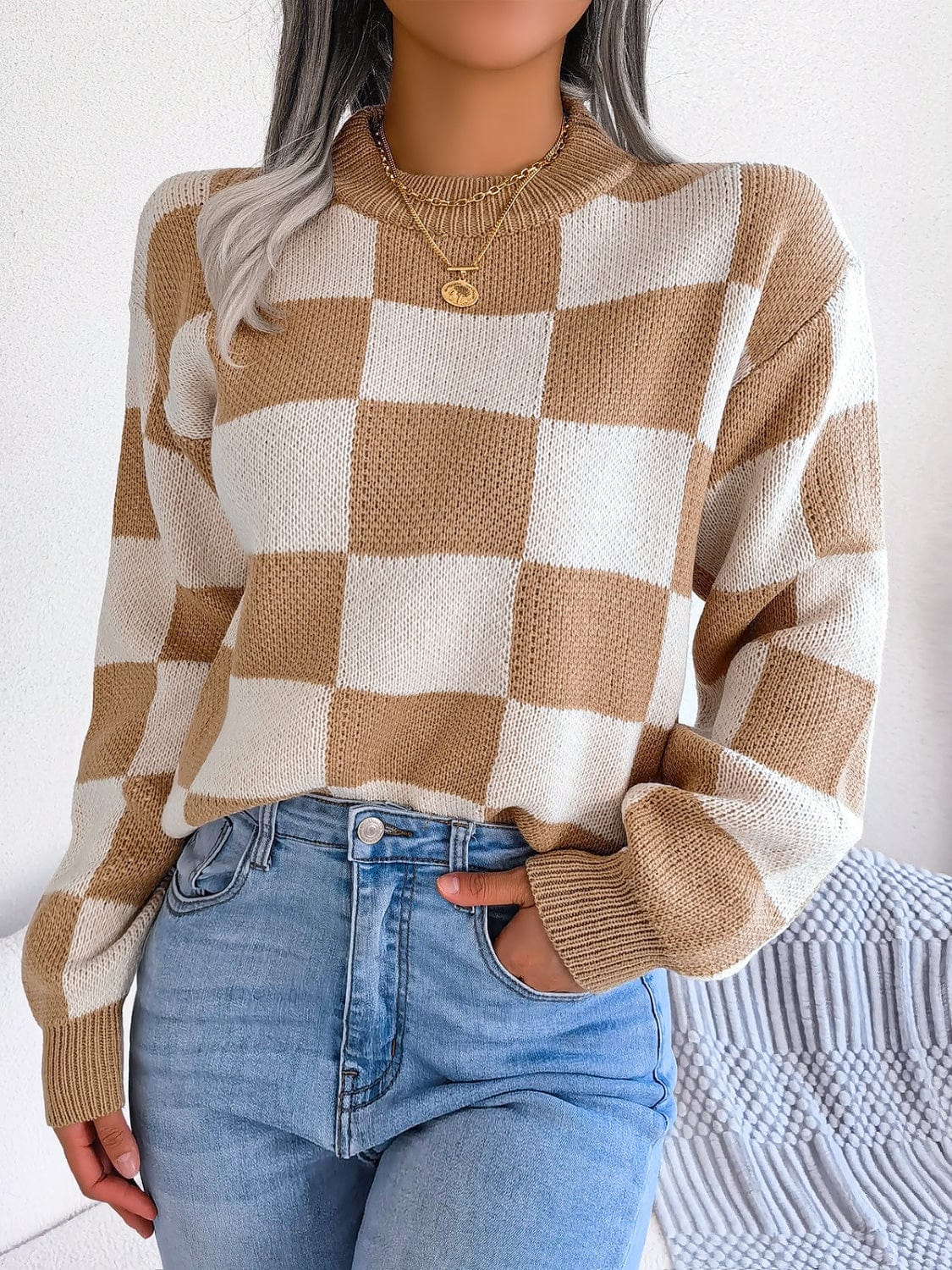 Checkered Mock Neck Long Sleeve Sweater - Trendsi