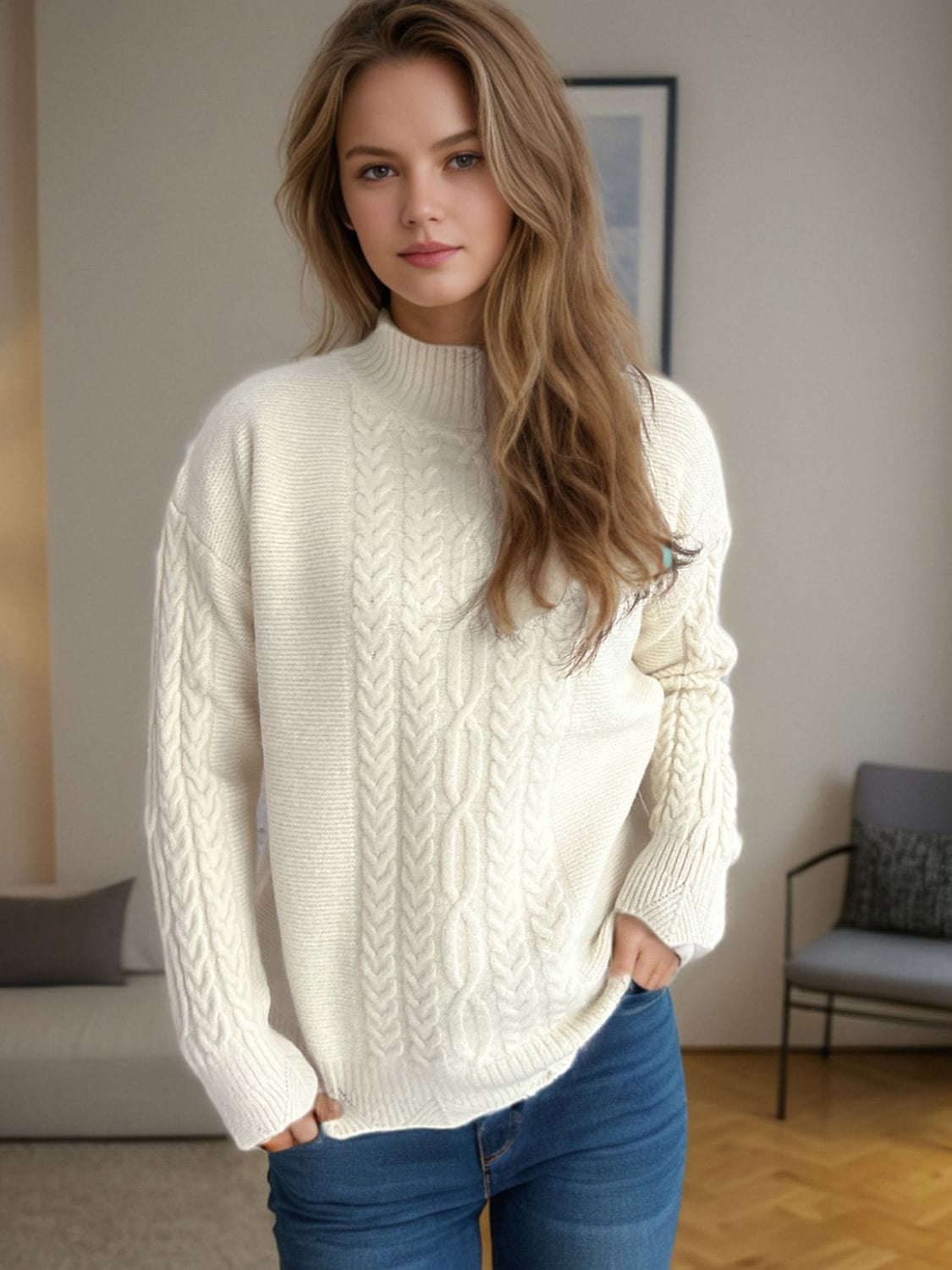 Cable-Knit Mock Neck Dropped Shoulder Sweater - Trendsi