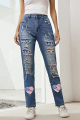 US Flag Distressed Straight Jeans Trendsi