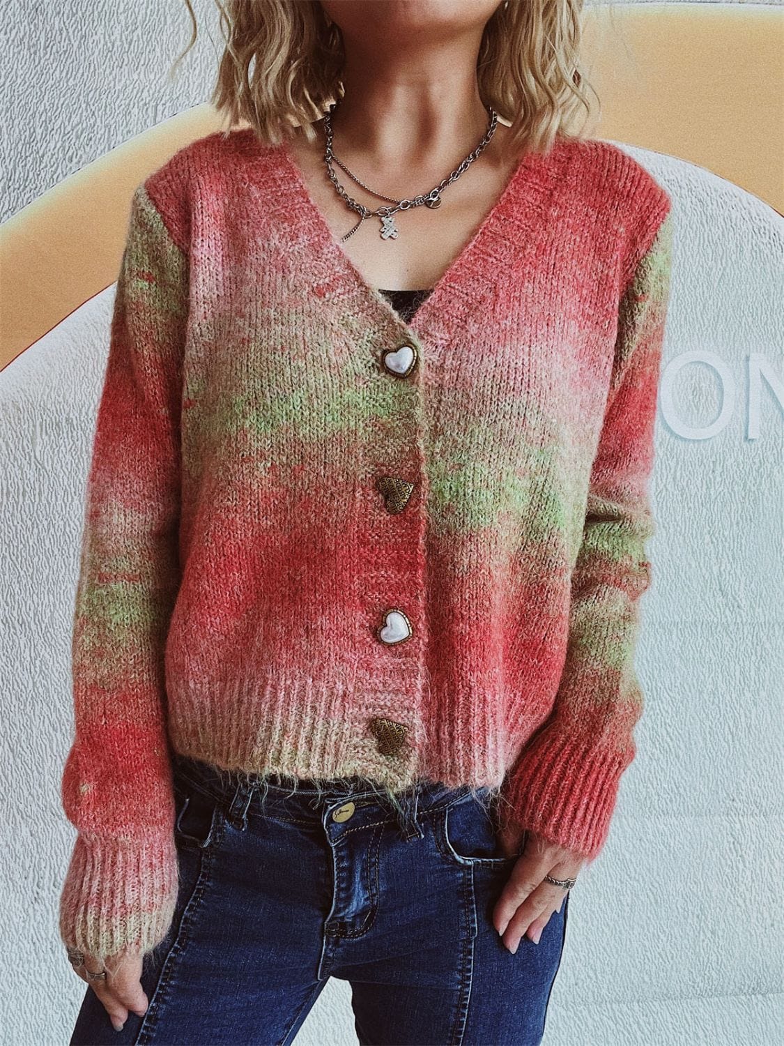 Gradient Heart Shape Button V-Neck Cardigan - Trendsi