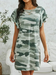 Camouflage Round Neck Short Sleeve Mini Dress - Trendsi