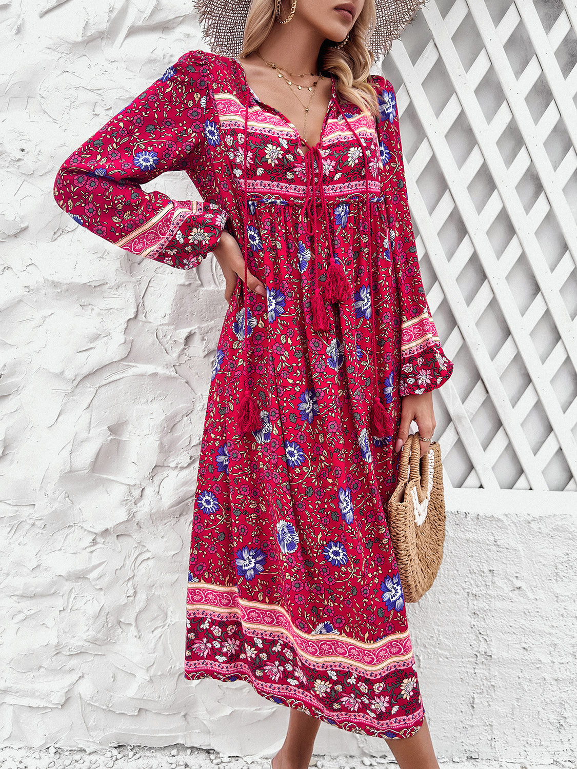 Tassel Tied Printed Long Sleeve Dress - Flyclothing LLC