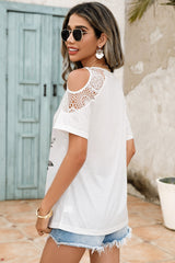 Lace Detail Round Neck Cold Shoulder Blouse Trendsi