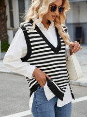 Slit V-Neck Striped Sweater Vest