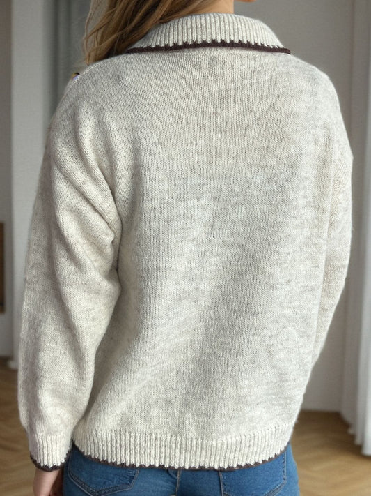 Contrast Trim Quarter Button Long Sleeve Sweater - Trendsi