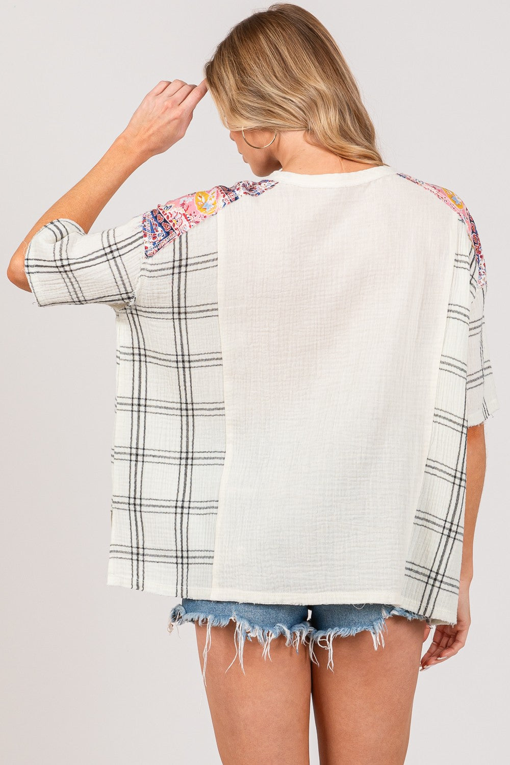 SAGE + FIG Plaid Half Button Gauze Top Trendsi