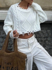 Cable-Knit Round Neck Long Sleeve Cropped Sweater - Trendsi