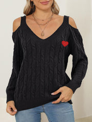 Cable-Knit Heart V-Neck Sweater - Trendsi