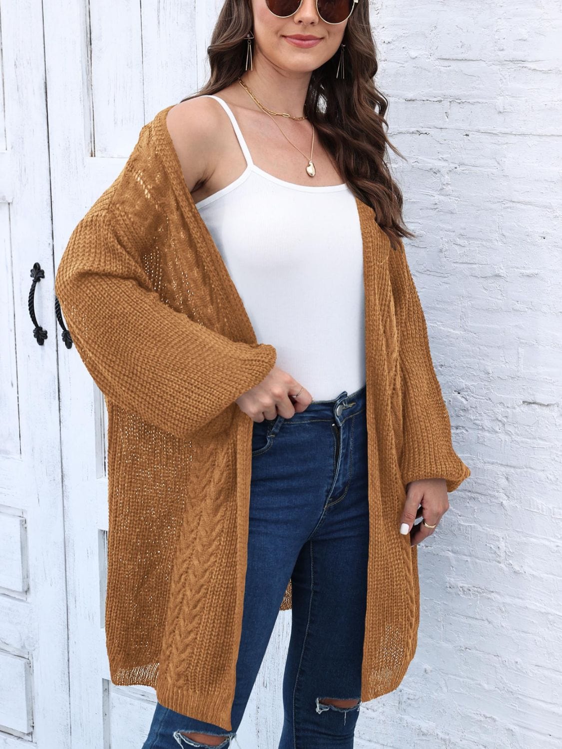 Cable-Knit Open Front Long Sleeve Cardigan - Trendsi