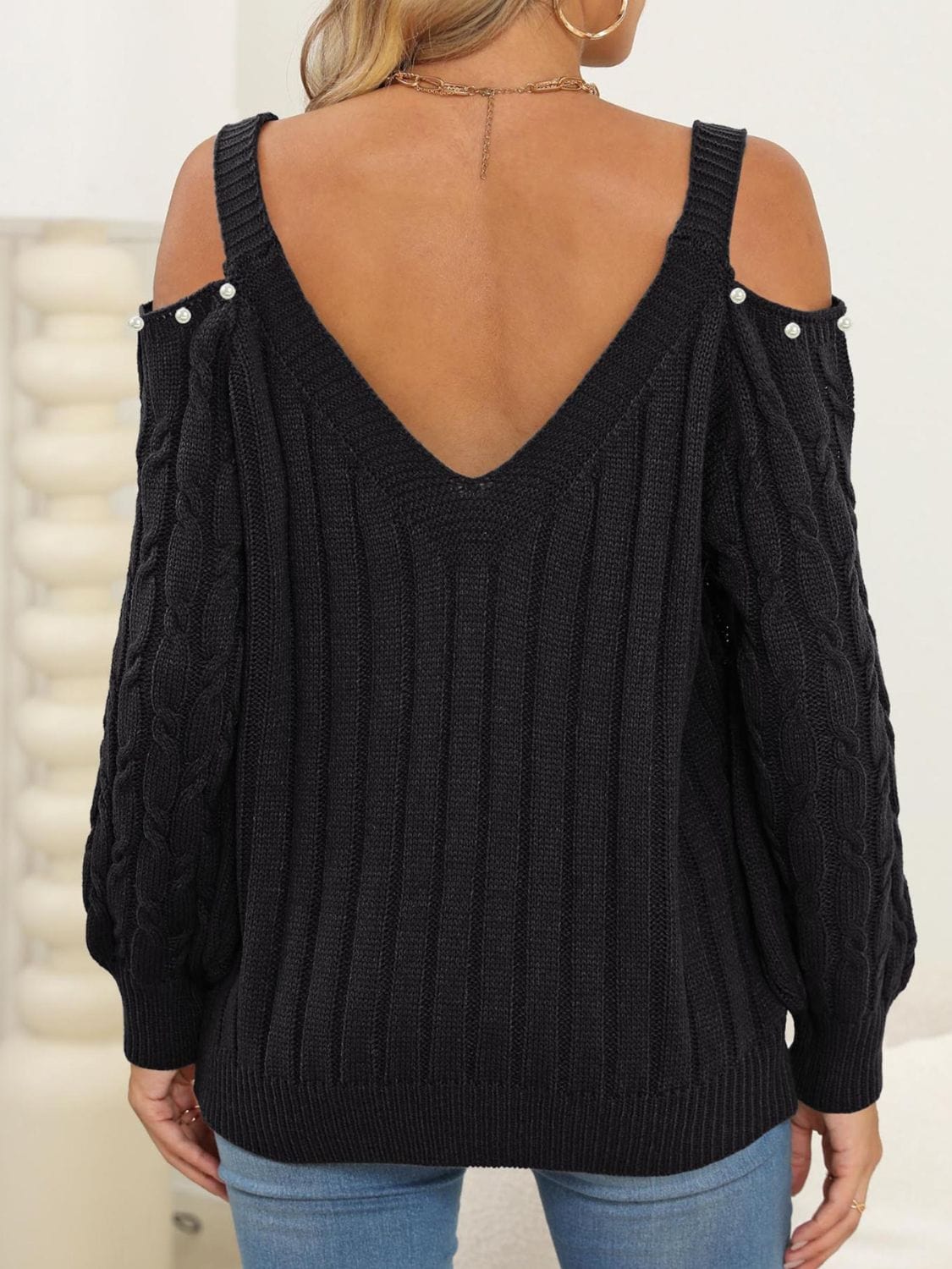 Cable-Knit Cold Shoulder Sweater - Trendsi