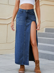 Slit Buttoned Denim Skirt with Pockets Trendsi