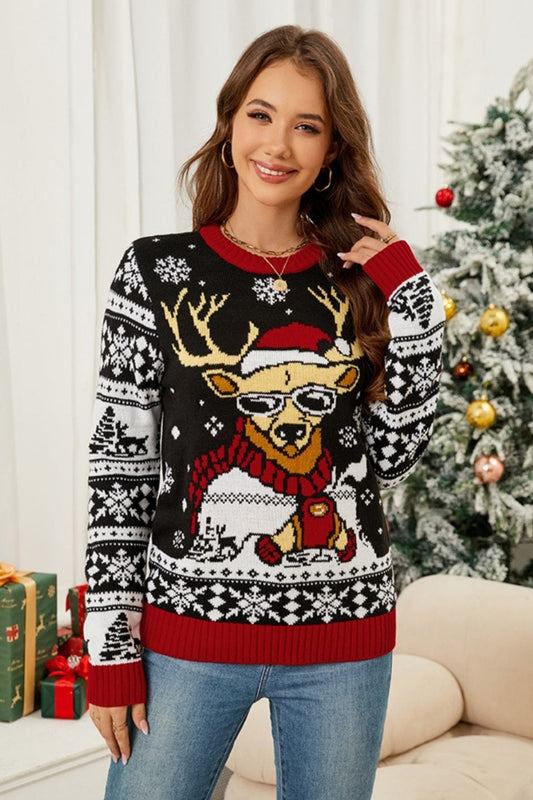 Christmas Pattern Round Neck Long Sleeve Sweater - Trendsi