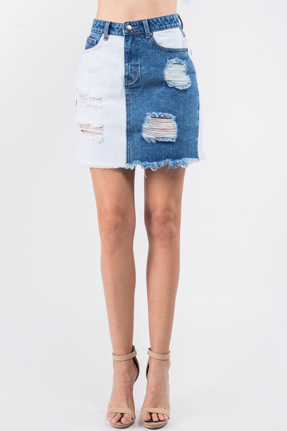 American Bazi Contrast Patched Frayed Denim Distressed Skirts - Trendsi