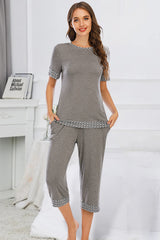 Round Neck Short Sleeve Top and Capris Pants Lounge Set - Flyclothing LLC