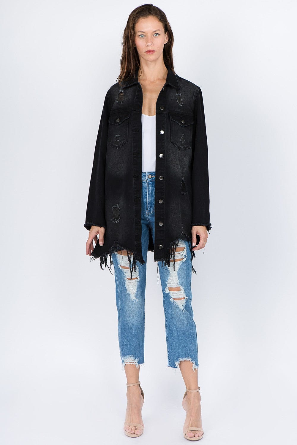 American Bazi Distressed Frayed Hem Denim Jacket - Trendsi