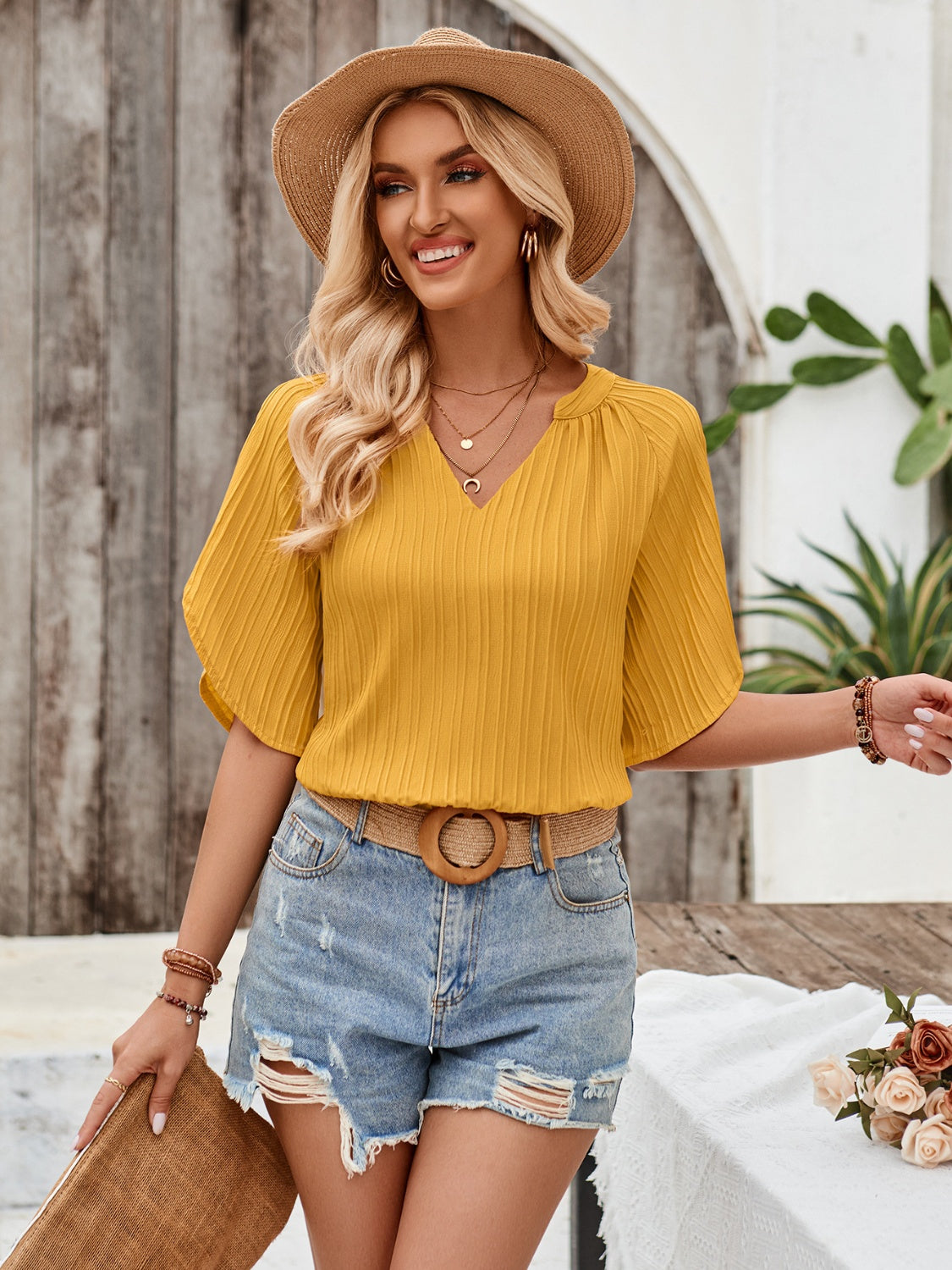 Notched Slit Half Sleeve Blouse - Flyclothing LLC